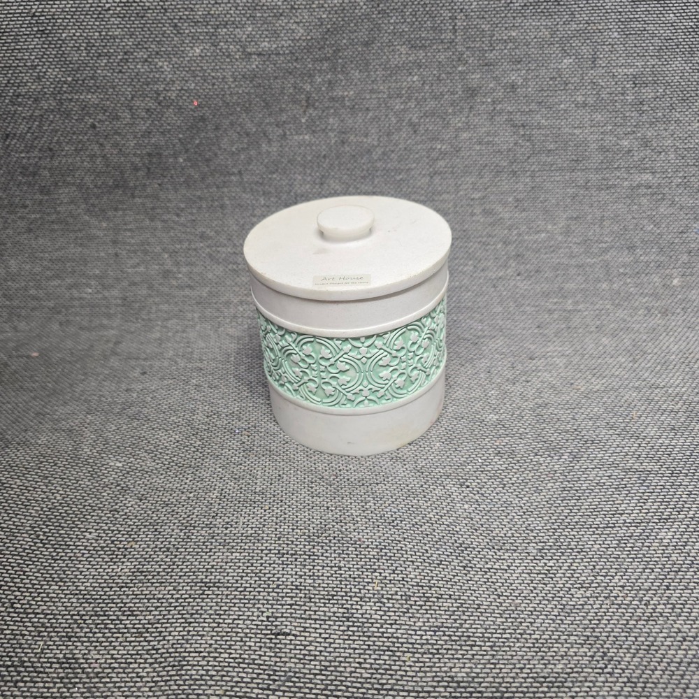 Art House White and Mint Green Filigree Resin Decorative Canister Jar with Lid